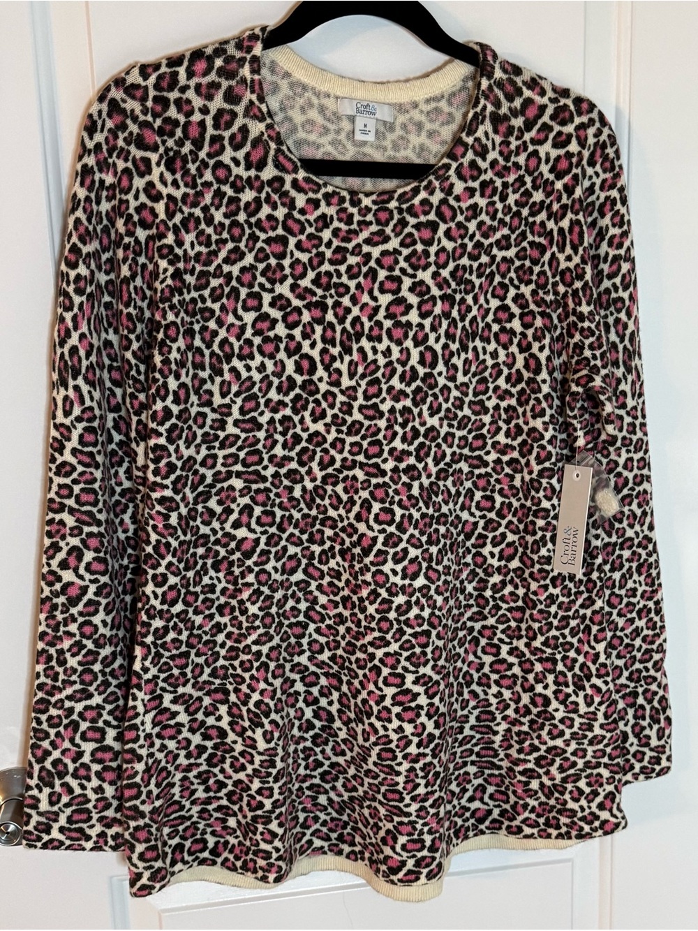 croft & barrow Cream and Pink Leopard Print Crew Neck Sweater